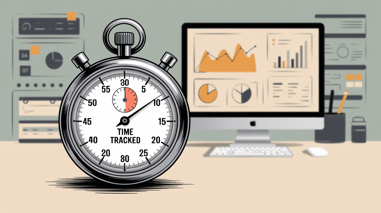 Professional stopwatch showing TIME TRACKED with analytics dashboard displaying charts and data visualization tools for email time measurement